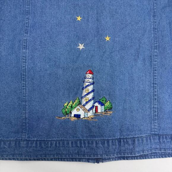 VTG Quacker Factory Embroidered Denim Lighthouse Zip Hoodie Sweater Nautical M - Picture 8 of 9